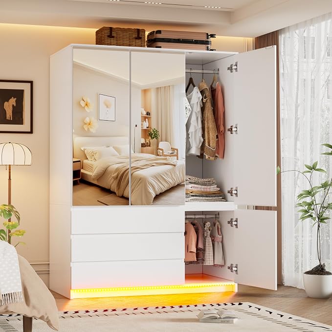 PAKASEPT 3 Doors Armoire Wardrobe Closet, 72.83" H Bedroom Armoires | Clothing Storage Cabinet with Mirror & Lights, 3 Drawers, Hanging Rod & Shelves for Bedroom