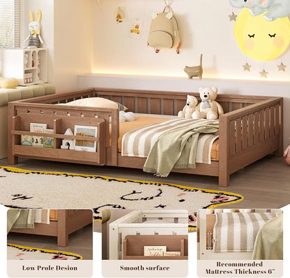 Bellemave Natural Montessori Floor Bed with Fence and Slats, Full Size Montessori Floor Bed with Bookcase and High Rails, Easy Assemble Bed Frame for Girls, Boys, Full