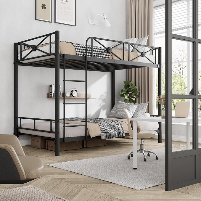 Garvee Metal Bunk Bed Twin Over Twin, Industrial Bunkbeds Heavy Duty Bed with Safety Guard Rails and Space-Saving Design, Steel Bed for School, Bedroom, Black