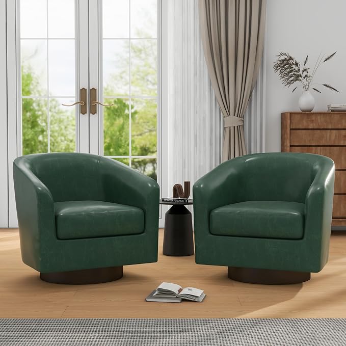 360° Swivel Barrel Accent Chair Armchair, PU Leather Round Club Arm Chair for Lving Room, Modern Upholstered Small Bedroom Single Sofa Seat - Green, Set of 4