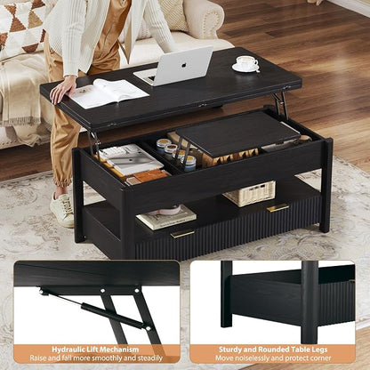 HUAHUU 40" Lift Top Coffee Table with Storage, 4 in 1 Square Coffee Table with Hidden Compartment & Open Shelf & 2 Drawers, Modern Coffee Tables with Lifting Top for Living Room, Home, Office, Black