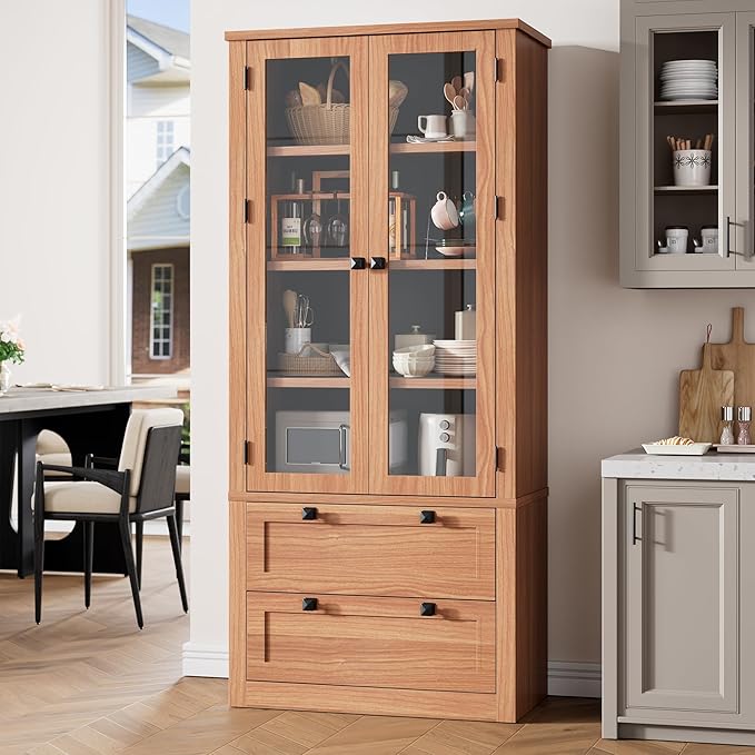 71" Tall Kitchen Pantry Cabinet - Modern Display Storage Cabinet with 2 Large Drawers, Glass Doors, and Adjustable Shelves, Farmhouse Kitchen Cupboard for Dining Room, Bathroom, Living Room, Walnut
