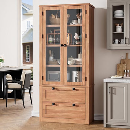 71" Tall Kitchen Pantry Cabinet - Modern Display Storage Cabinet with 2 Large Drawers, Glass Doors, and Adjustable Shelves, Farmhouse Kitchen Cupboard for Dining Room, Bathroom, Living Room, Walnut