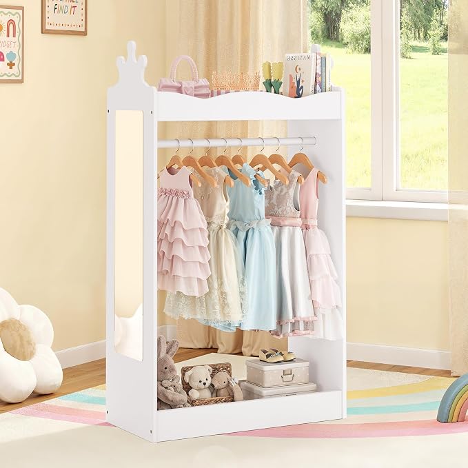 Curipeer Kids Dress Up Storage with Full-Length Mirror, Princess Closet for Little Girls, Kids Dress Up Rack with Crown Top, 42" Open Hanging Armoire Wardrobe for Bedroom, Playroom, Nursery, White