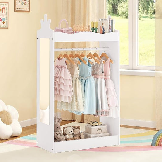 Curipeer Kids Dress Up Storage with Full-Length Mirror, Princess Closet for Little Girls, Kids Dress Up Rack with Crown Top, 42" Open Hanging Armoire Wardrobe for Bedroom, Playroom, Nursery, White