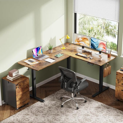 DEVAISE 63 Inch L Shaped Electric Standing Desk, 3 Adjustable Computer Desk for Home Office, Sit to Stand Desk with LED Touchscreen，Headphone Hook, 3 Memory Preset, with Split Top, Rustic Brown