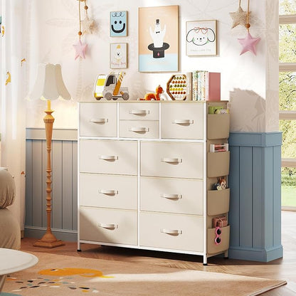 WLIVE Fabric Dresser for Bedroom with 10 Drawers, Chest of Drawers with Side Pockets and Hooks, Sturdy Metal Frame, Drawers Organizer Unit for Living Room, Hallway, Cream White