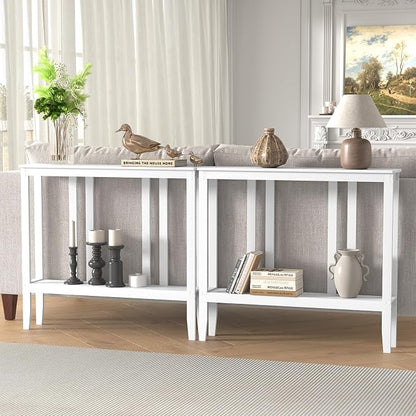 ELYKEN Bamboo 2-Tier Narrow Console Table, 36.2" Long Slim Sofa Table Behind Couch for Entryway, Hallway, Living Room, White