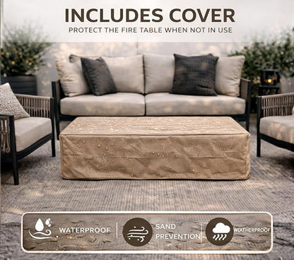 56" Propane Fire Pit Table, 50,000 BTU Rectangular Outdoor Gas Fire Pit, Concrete Patio Fire Table with Tank Seat, Lava Rocks & Waterproof Cover for Backyard Deck, Dark Grey