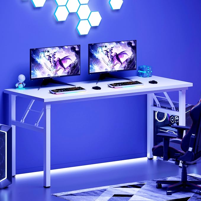 Need Office Computer Desk - 54.3L Sturdy and Heavy Duty Folding Laptop Table,Writing Table/Home Office Desk/Sewing Table,No Assembly Required (White & White Frame)