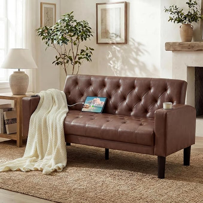 TYBOATLE 62" W Brown Leather Loveseat w/ 2 USB and 2 Cupholders, Mid-Century Modern Tufted Small Love Seat Couches for Office, Living Room, Bedroom, Dorm (1, Brown)