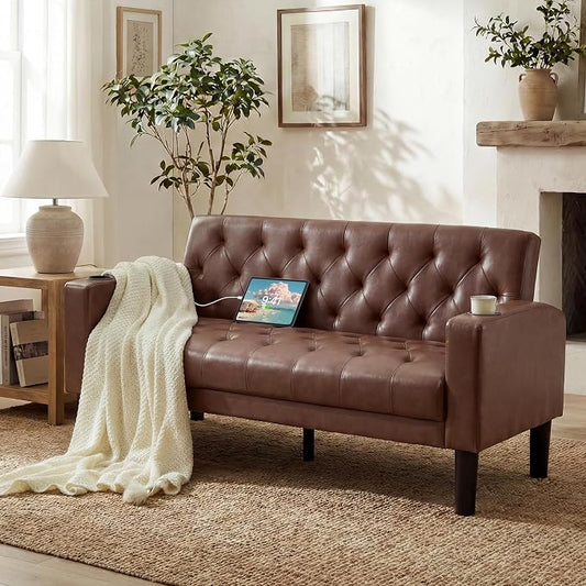 TYBOATLE 62" W Brown Leather Loveseat w/ 2 USB and 2 Cupholders, Mid-Century Modern Tufted Small Love Seat Couches for Office, Living Room, Bedroom, Dorm (1, Brown)