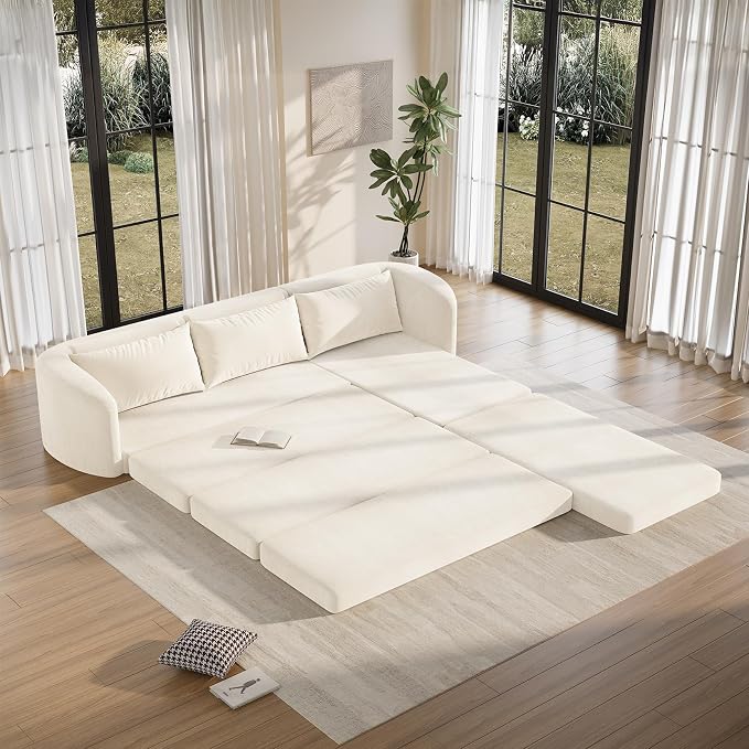 Vesgantti 6 in 1 Convertible Folding Sleeper Sofa Bed, 110.2" Boneless Sectional Couch with Curved Armrest, Chenille Modular Sofa for Living Room, No Assembly Required, Beige, Right Facing Chaise