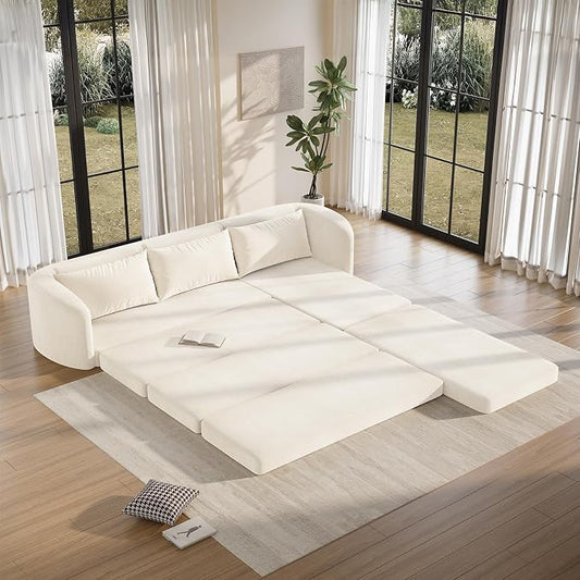 Vesgantti 6 in 1 Convertible Folding Sleeper Sofa Bed, 110.2" Boneless Sectional Couch with Curved Armrest, Chenille Modular Sofa for Living Room, No Assembly Required, Beige, Right Facing Chaise