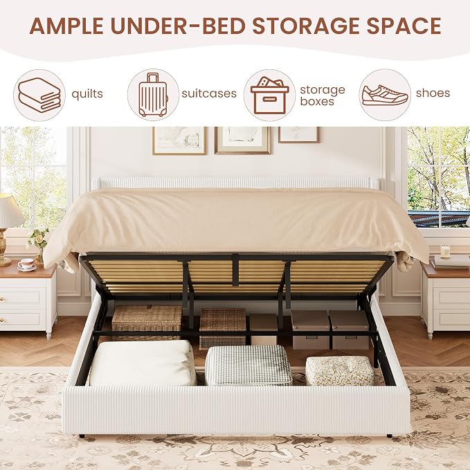 Garvee King Lift Up Storage Bed Frame, Corduroy Upholstered Platform Bed with Gas Lift, Padded Headboard, Wooden Slat Support, No Box Spring Needed, Easy Assembly, White