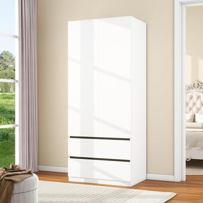 White Wardrobe Closet with Doors: 75" Large Capacity Bedroom Armoire, Wooden Cabinet with 2 Drawers, Hanging Storage Shelves with Hanging Rod (Contemporary, 1)
