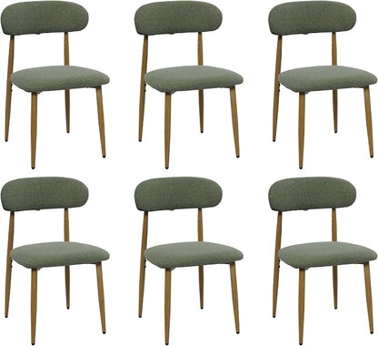FREKEN Modern Upholstered Dining Chairs Set of 6, Mid-Century Metal Frame with Wood Grain, Linen Fabric Side Chair for Kitchen Dining Room, 350lbs Capacity, Green