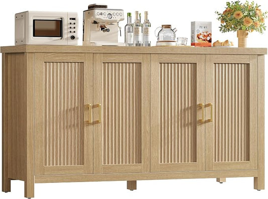 usikey 55" Buffet Cabinet with Storage, Large Sideboard Buffet Cabinet with 4 Adjustable Shelves, Modern Fluted Coffee Bar for Kitchen, Living Room, Natural