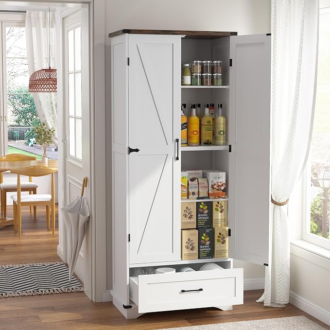 71" Farmhouse Kitchen Pantry Storage Cabinet with Drawer & 2 Barn Doors, Freestanding Cupboard with Adjustable Shelves, Modern Floor Cabinet for Kitchen, Dining Room, Living Room, White