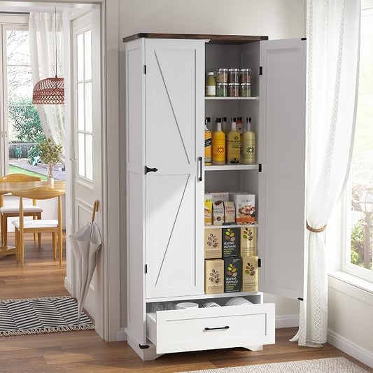 71" Farmhouse Kitchen Pantry Storage Cabinet with Drawer & 2 Barn Doors, Freestanding Cupboard with Adjustable Shelves, Modern Floor Cabinet for Kitchen, Dining Room, Living Room, White