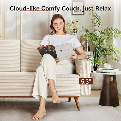 Vipbear 65.4" Loveseat Sofa,Mid-Century Modern Small Couches for Living Room, Bedroom, Office,Comfy Beige Corduroy Couch with Spring Cushion, Solid Wood Frame, Tool-Free Assembly