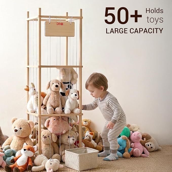 KiddoCood Kids CPC & TIC Certified Stuffed Animal Storage - 3-Tier Large Natural Solid Wood Plush Toy Organizer & Holder, Corner Solution for Playroom & Nursery, BPA-Free & Zero Glue, 53" H