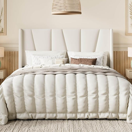 SHA CERLIN Queen Size Velvet Bed Frame with Geometric Wingback Headboard, Upholstered Platform Bed with Wooden Slats Support, 8" Under-Bed Space, No Box Spring Needed, Easy Assembly, Cream