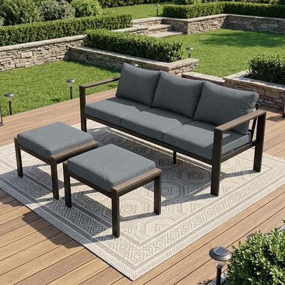 Patio Furniture Set 3 Seats Sofa and Ottoman All-Weather Patio Sofa with Washable Thick Cushions, Deluxe Aluminum Modern Outside Sectional for Porch, Balcony, Deck, Yard, Light Gray