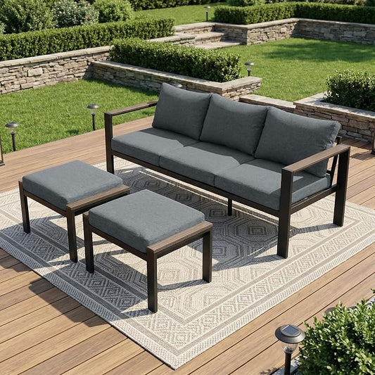 Patio Furniture Set 3 Seats Sofa and Ottoman All-Weather Patio Sofa with Washable Thick Cushions, Deluxe Aluminum Modern Outside Sectional for Porch, Balcony, Deck, Yard, Light Gray