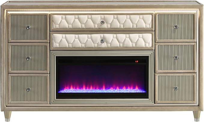 Coaster Home Furnishings - Lorient - Wood and Velvet - 8-Drawer Dresser with Flame Box, LED Lighting, Crystal Knobs and Traditional Style - Bedroom - Ivory and Camel - 222663FB
