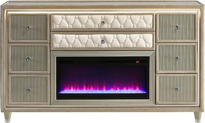Coaster Home Furnishings - Lorient - Wood and Velvet - 8-Drawer Dresser with Flame Box, LED Lighting, Crystal Knobs and Traditional Style - Bedroom - Ivory and Camel - 222663FB