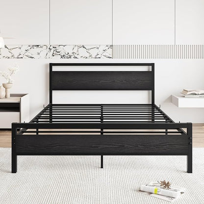 BOFENG Black Queen Size Bed Frames with Wood Headboard,Heavy Duty Metal Platform Bed Frame with Storage No Box Spring Needed,Strong Steel Slats Support,Noise Free
