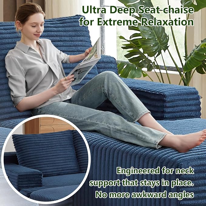 96" Modular Sectional Sofa, Modern Corduroy Cloud Couch with Side Pockets, Boneless Couch Upholstered 3-Seater L-Shaped Sofa for Living Room, No Assembly Required (Blue, Right-Facing Chaise)