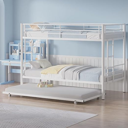 VECELO Twin Over Twin Bunk Bed with Trundle, Off White | Metal Bunkbeds, 2 Side Ladders, Full-Length Guardrail, Noise Free, No Box Spring Needed