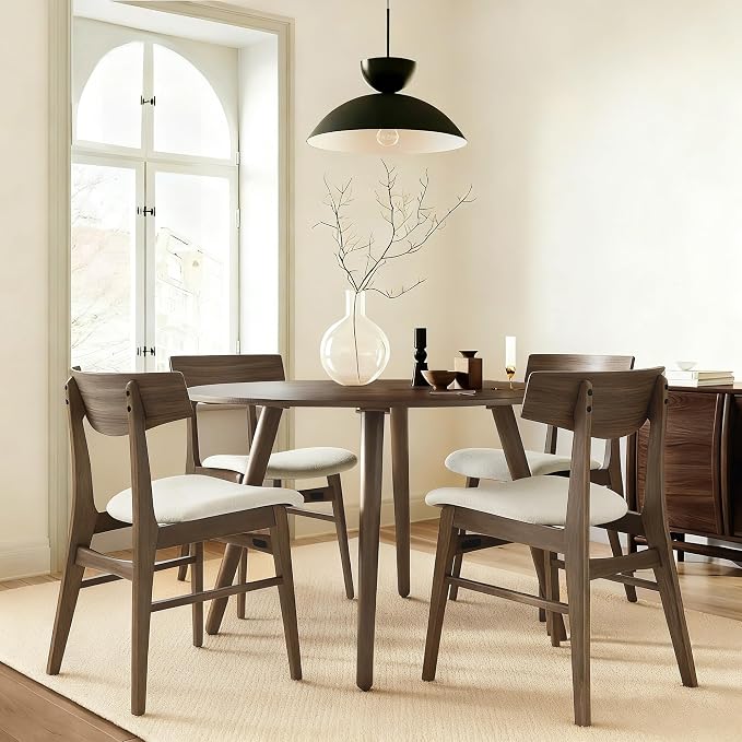 KISLOT Wooden Dining Chairs Set of 4, Upholstered Modern Dining Room Chairs, Mid Century Oak Kitchen Chairs with Curved Wood Backrest for Farmhouse, Restaurant, Café (Cream Fabric & Walnut Color)