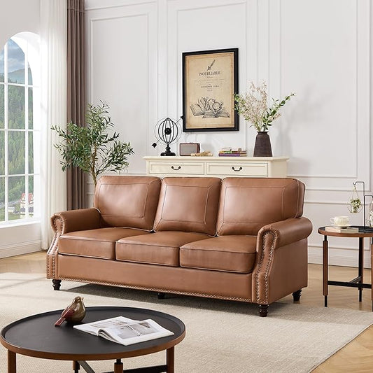 Kingfun Mid-Century Modern Couch, Faux Leather Sofa, 3 Seater Couch for Living Room with Rolled arms & Nailhead Trim, Brown