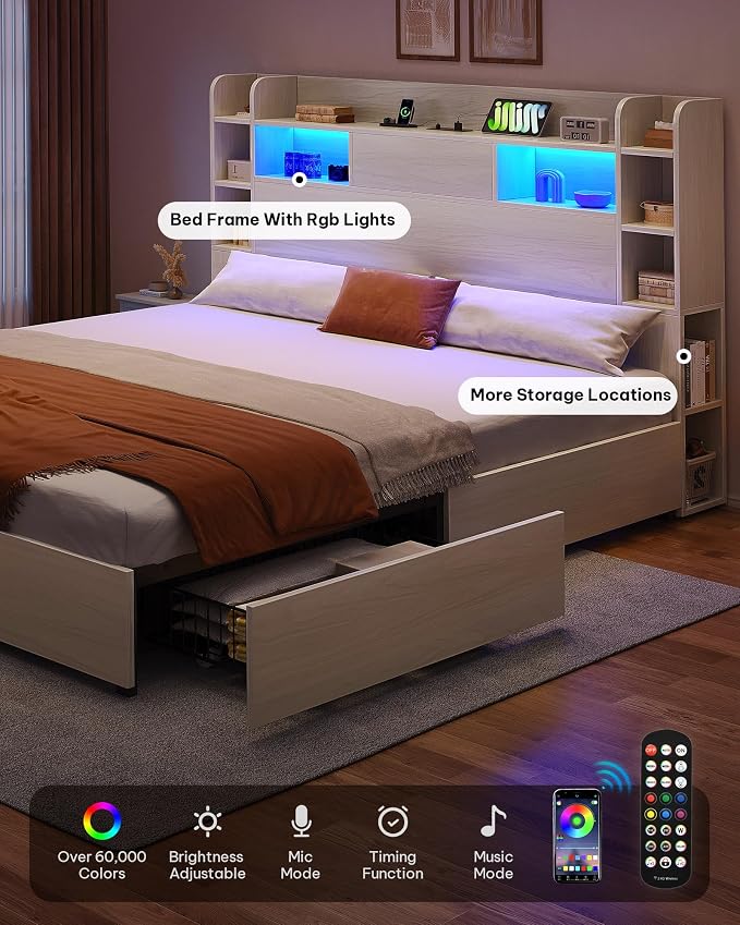 YITAHOME King Bed Frame with Bookcase Headboard and 4 Storage Drawers, RGB LED Light Bed with Type-C & USB Charging Station Storage Headboard Bed Frame, No Box Spring Needed, Noise Free, Antique White