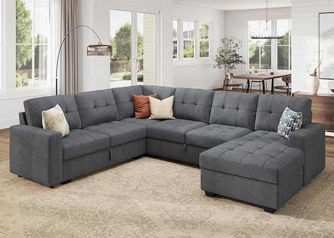 HONBAY Modular Sectional Sleeper Sofa with Pull Out Bed, U Shaped Sleeper Couches with Storage Chaise, 114'' Sleeper Sectional Sofas for Living Room, Apartment (Bluish Grey)