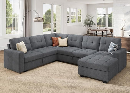 HONBAY Modular Sectional Sleeper Sofa with Pull Out Bed, U Shaped Sleeper Couches with Storage Chaise, 114'' Sleeper Sectional Sofas for Living Room, Apartment (Bluish Grey)