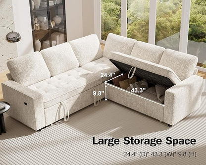 Vipbear 5 Seat L Shaped Modular Sectional Sleeper Sofa Bed with Pull Out Bed/Reclining Backrest/USB Ports/Storage Seat, Sectional Sleeper Couch, Tool-Free Assembly, Chenille Beige