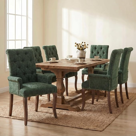 Upholstered Dining Chairs with Arms Set of 6, Olive Green, 6 Pack | Tufted Chenille Kitchen Chairs with Arms, Modern Farmhouse Armchair with Nailhead Trim for Dining Room, Home Office