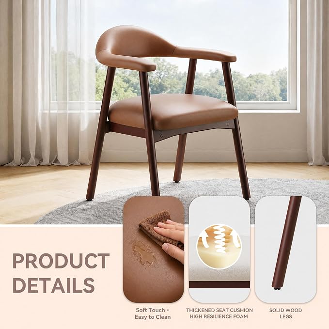 MALOL Leather Dining Chair with Armrest Set of 6, Upholstered Dining Room Chair with Curved Back and Wood Legs, Mid Century Modern Kitchen Chairs for Kitchen Dining Room