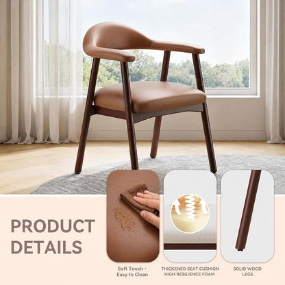 MALOL Leather Dining Chair with Armrest Set of 6, Upholstered Dining Room Chair with Curved Back and Wood Legs, Mid Century Modern Kitchen Chairs for Kitchen Dining Room