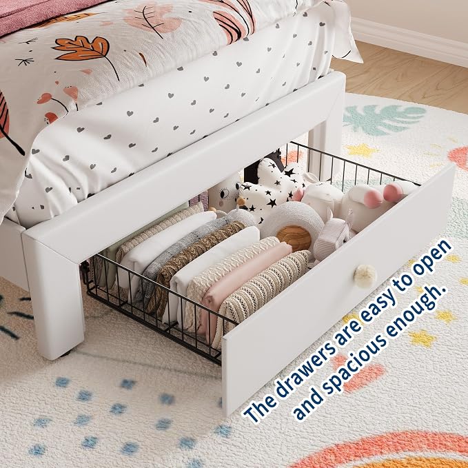 Twin Size Bed Frame for Girls with Storage Drawers & LED Lights, Upholstered Platform Bed, Velvet Crystal Button Princess Bed, Noise-Free Slats, No Box Spring Needed for Kids, Teens, White