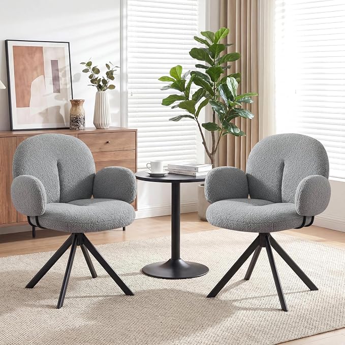 Cute Desk Chair No Wheels Set of 2, 360° Swivel Accent Chairs with Arms, Modern Upholstered Dining Room Chairs with Tufted Cushion, Accent Chairs for Home Office/Bedroom/Kitchen, Teddy Sherpa, Grey
