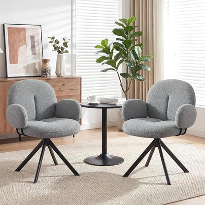 Cute Desk Chair No Wheels Set of 2, 360° Swivel Accent Chairs with Arms, Modern Upholstered Dining Room Chairs with Tufted Cushion, Accent Chairs for Home Office/Bedroom/Kitchen, Teddy Sherpa, Grey