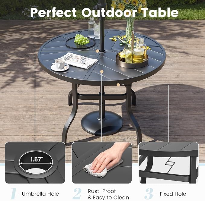 5 Pieces Patio Dining Set, Padded Patio Outdoor Furniture Set of 4 Patio Swivel Dining Chairs and 39" Patio Spliced Round Tabletop with Umbrella Hole, for Deck, Backyard, Poolside & Garden