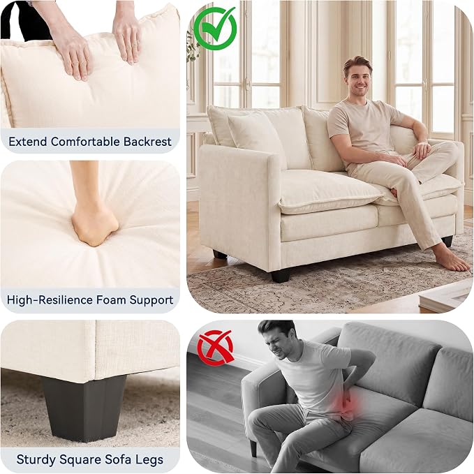 Loveseat Sofa Couch, Small Mini Compact 50" Love Seat 27" Deep Cloud Sofa Seat Washable Chenille Pillow for Apartment Bedroom Dorm Attic Studio Office Living Room Small Space 8833-BEIGE