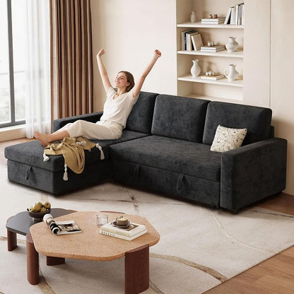 81" Convertible L-Shaped Pull Out Sectional Sleeper Sofa Bed, Dark Gray | Storage Chaise, Pull Out Sectional Couch, Removable Cushions, Chenille Fabric, For Small Apartment & Living Room