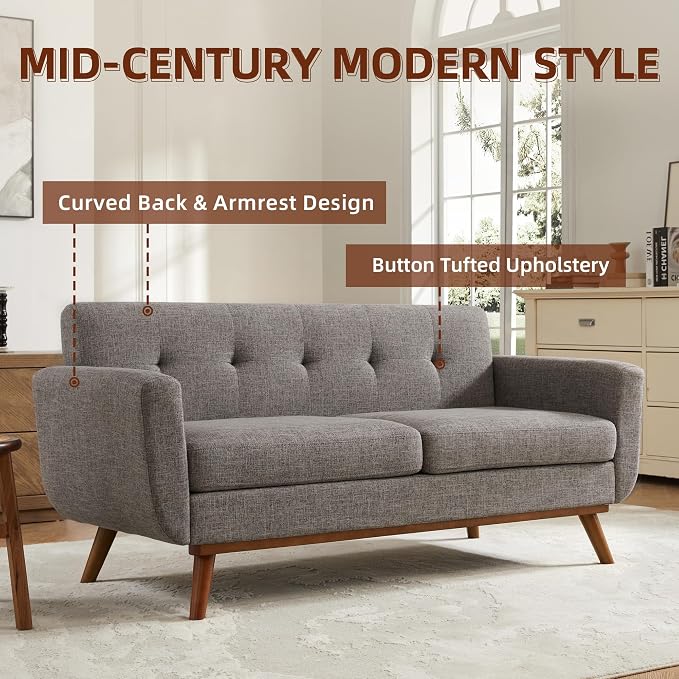 Kingfun 65.2" W Loveseat Sofa, Mid Century Modern Decor Love Seat Couches for Living Room, Button Tufted Upholstered Furniture, Solid & Easy to Install Small Couch for Bedroom Office Apartment, Grey